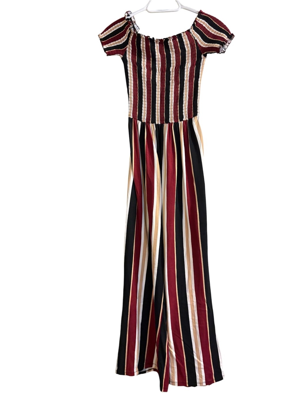 Rue21 Burgundy, Black & Cream Striped Off-Shoulder Wide-Leg Jumpsuit